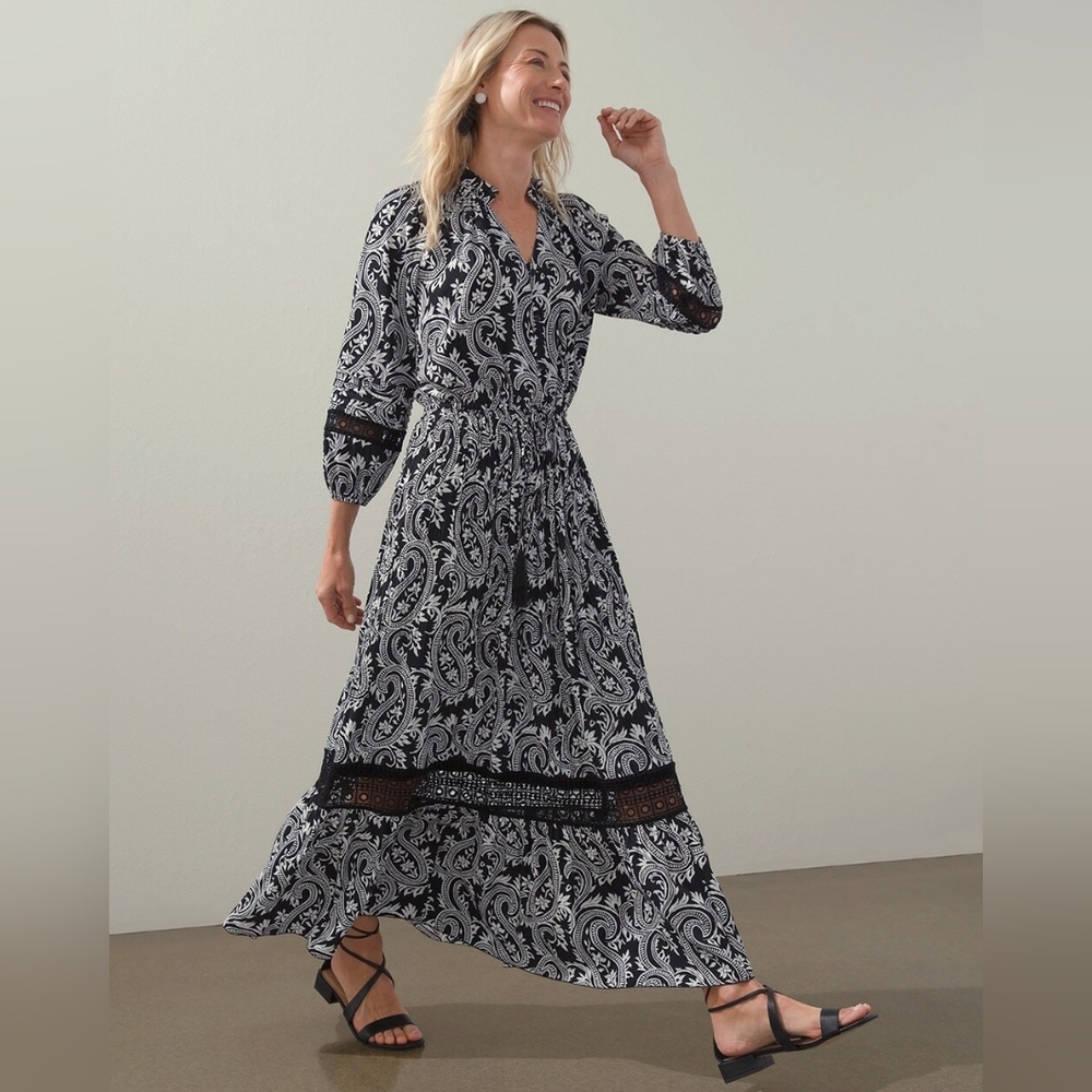 Chico's Paisley Black White Crochet Detail Ruffle Maxi Dress Women's Size 14 - Picture 2 of 14